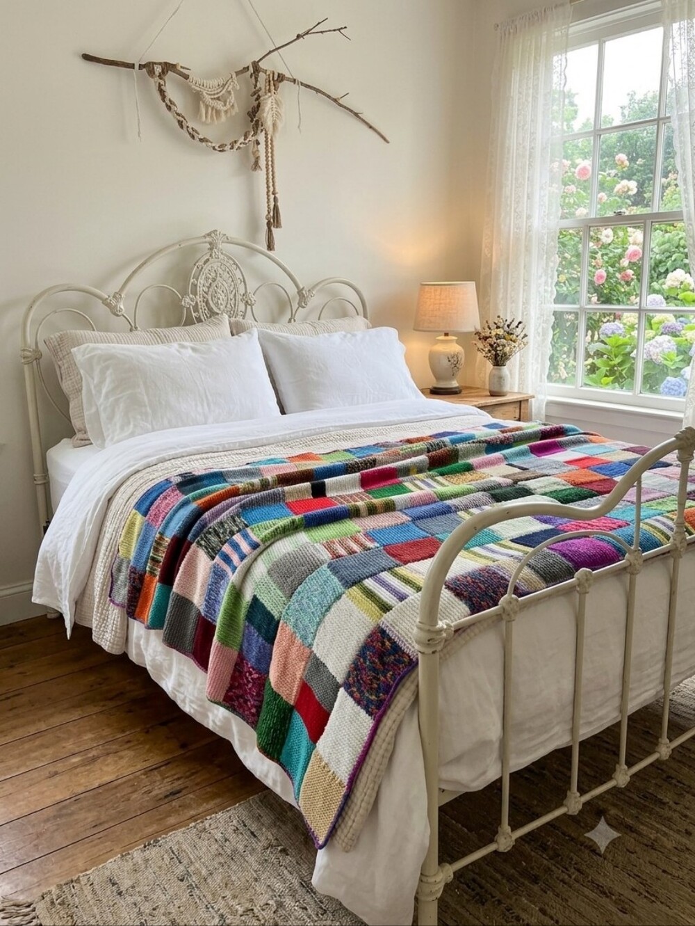 Vintage Style Handmade Multicolor Patchwork Knit Throw Blanket - Home Bedding